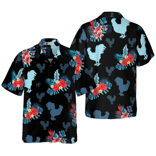 Rooster Hawaiian Shirt, Tropical Flowers, Rooster In Tropical Blue Aloha Shirt For Men - Perfect Gift For Husband, Boyfriend, Friend, Family - Amzanimalsgift