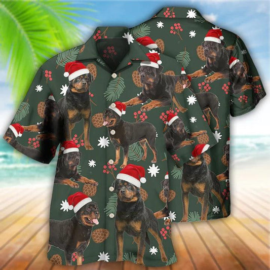 Rottweiler Aloha Hawaii Shirt - Green Leaf Merry Christmas Personalized Hawaiian Shirt For Summer - Perfect Gift For Dog Lovers, Friend, Family - Amzanimalsgift