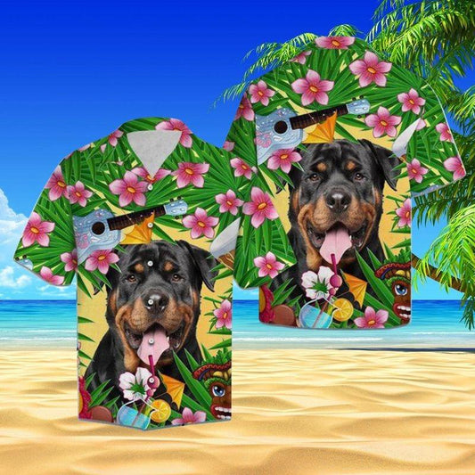 Rottweiler Aloha Hawaiian Shirt - Rottweiler & Guitar Hawaiian Shirt, Tropical Flower Leaves Hawaiian Shirt For Men & Women, Rottweiler Lover - Amzanimalsgift