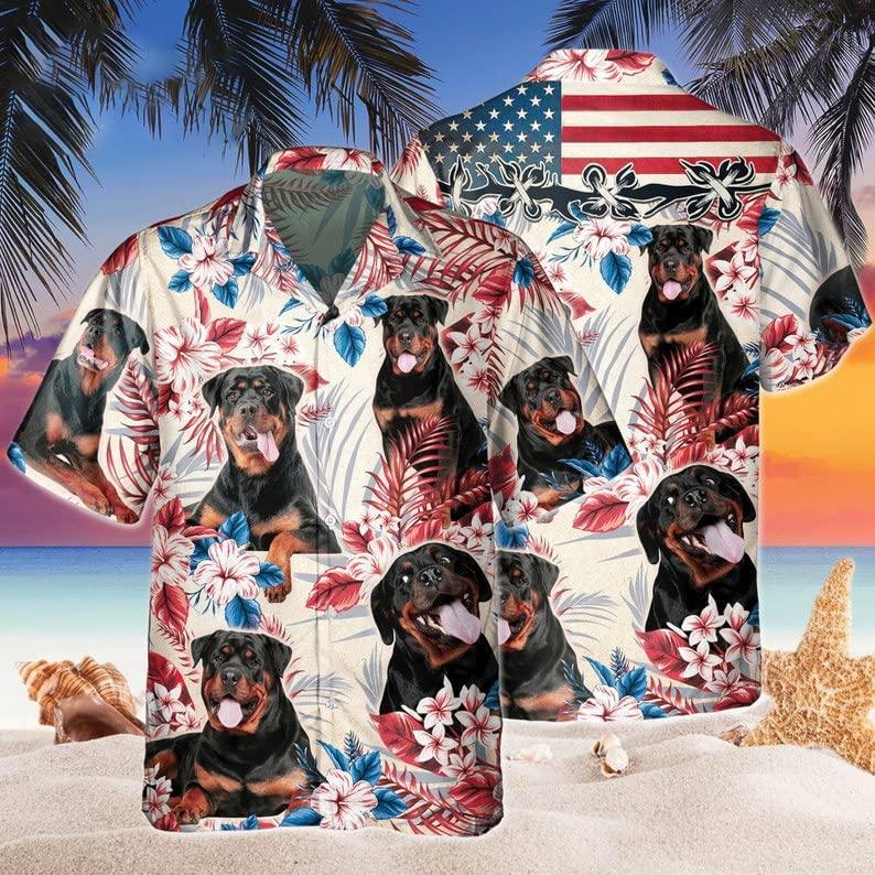 Rottweiler Aloha Hawaiian Shirts For Summer, Dog Tropical Independence Day USA Flag Hawaiian Shirt For Men Women, 4th of July Gift For Dog Lovers - Amzanimalsgift