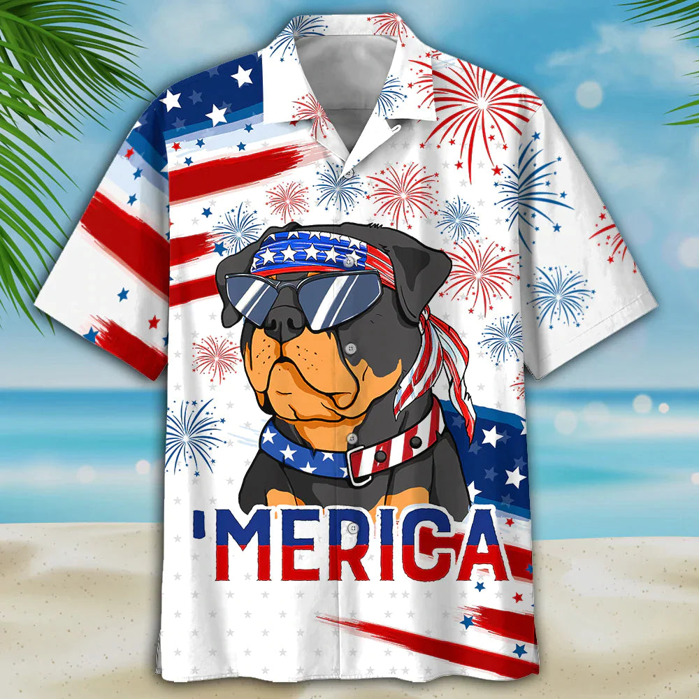 Rottweiler Aloha Hawaiian Shirts For Summer, Funny Dog Merica Independence Day USA Flag Hawaiian Shirt For Men Women, 4th of July Gift For Dog Lovers - Amzanimalsgift