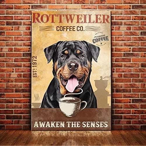 Rottweiler Dog Metal Tin Signs Coffee Co. Awaken The Senses - Matte Canvas, Wall Decor Visual Art - Perfect Gift For Rottweile Dog Owner, Breeder Or Dog Groomer Who Loves This Breed - Amzanimalsgift