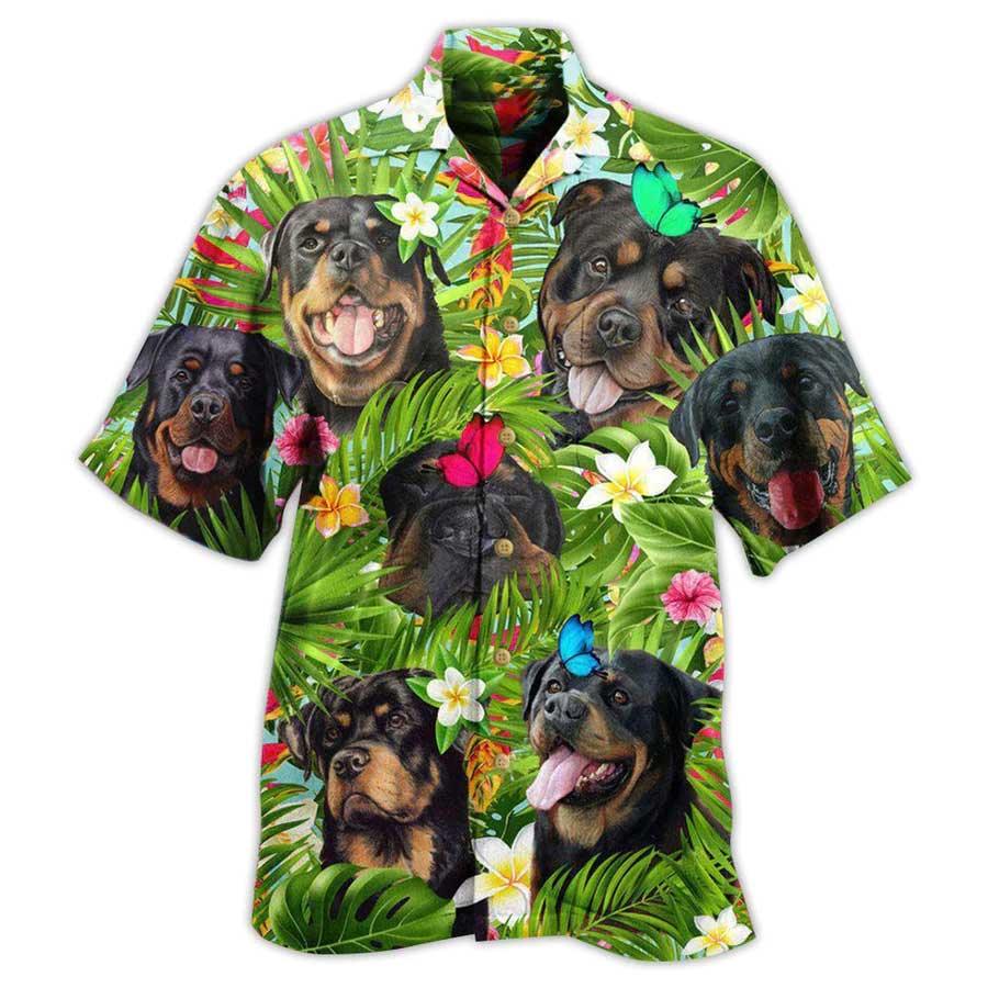 Rottweiler Hawaiian Shirt, Happy Rottweiler Dog Tropical Aloha Hawaiian Shirt For Summer, Rottie Dog Hawaiian Shirts Matching Outfit For Men Women, Dog Lover, Friends - Amzanimalsgift