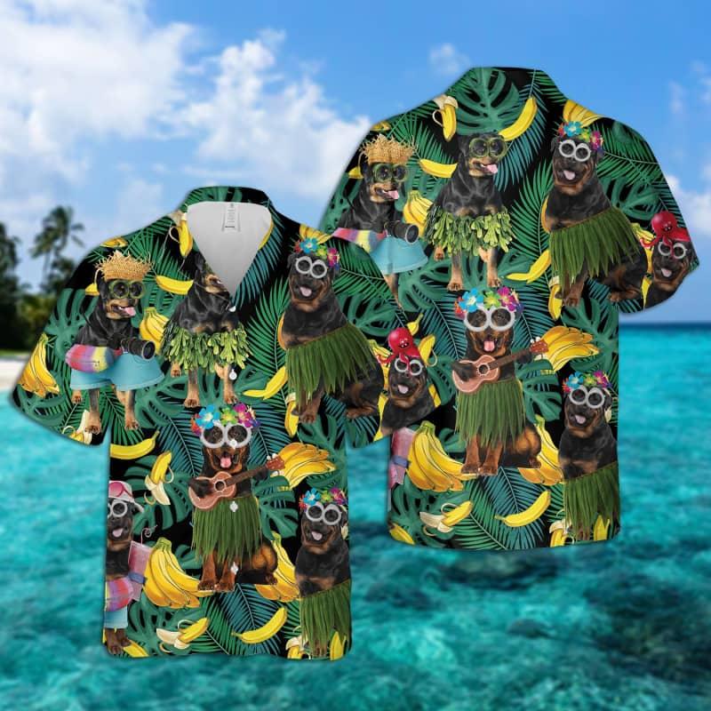 Rottweiler Hawaiian Shirt, Tropical Summer Leaves Hawaiian Shirt For Men - Perfect Gift For Rottweiler Lovers, Husband, Boyfriend, Friend, Family - Amzanimalsgift