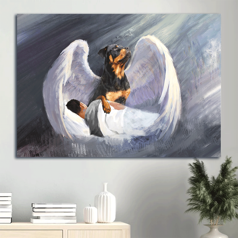 Rottweiler Landscape Canvas- Sleeping man, Rottweiler, Beautiful Wings, I'll protect you - Gift for dog lover- Dog Landscape Canvas Prints, Wall Art - Amzanimalsgift