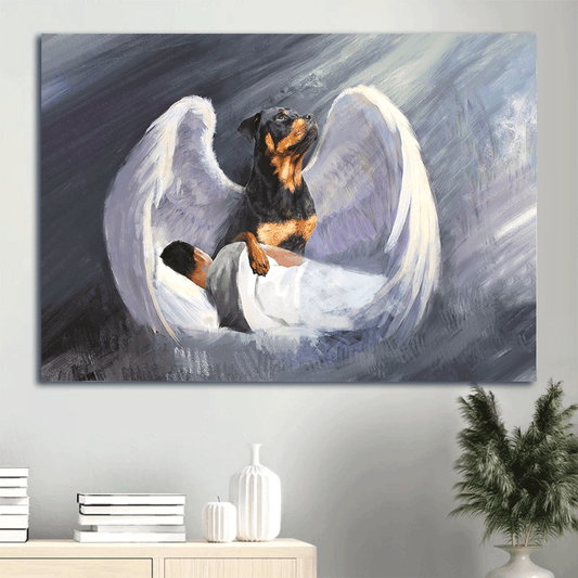 Rottweiler Landscape Canvas- Sleeping man, Rottweiler, Beautiful Wings, I'll protect you - Gift for dog lover- Dog Landscape Canvas Prints, Wall Art - Amzanimalsgift