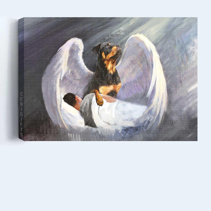 Rottweiler Landscape Canvas- Sleeping man, Rottweiler, Beautiful Wings, I'll protect you - Gift for dog lover- Dog Landscape Canvas Prints, Wall Art - Amzanimalsgift