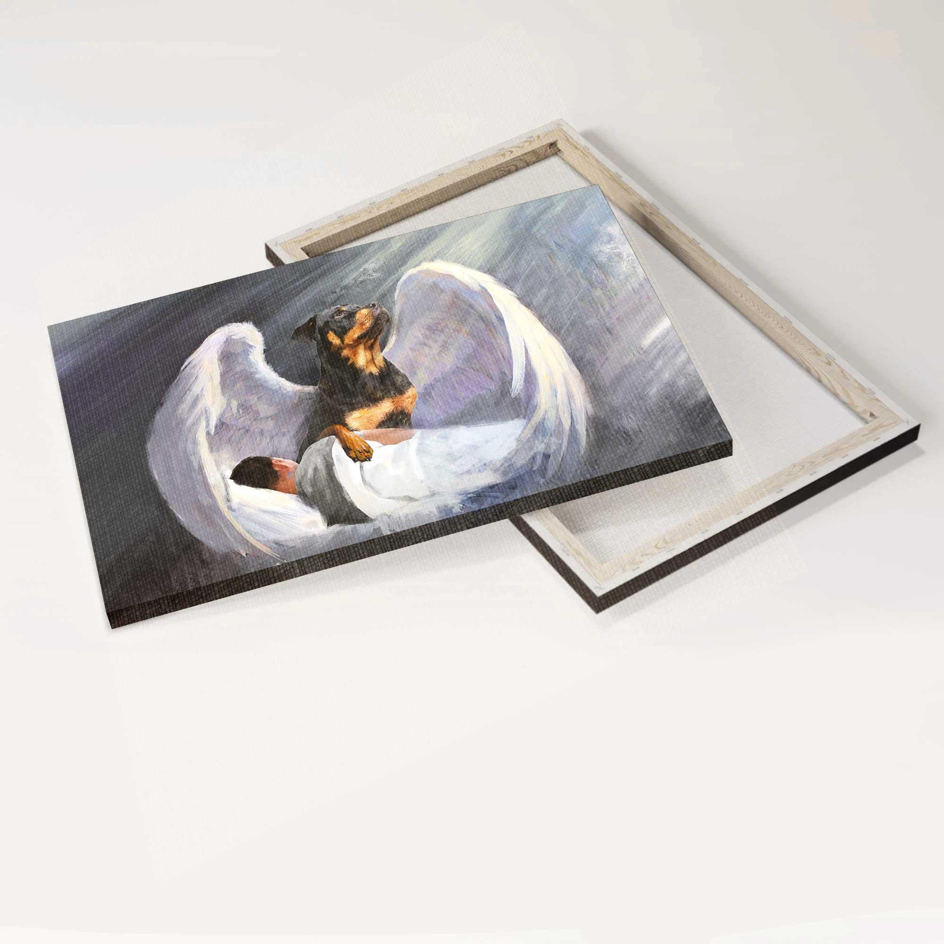 Rottweiler Landscape Canvas- Sleeping man, Rottweiler, Beautiful Wings, I'll protect you - Gift for dog lover- Dog Landscape Canvas Prints, Wall Art - Amzanimalsgift
