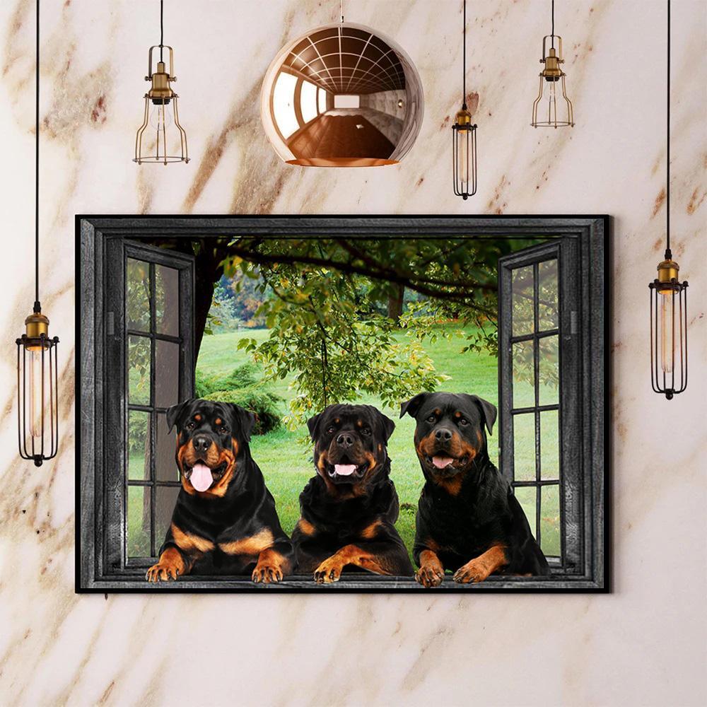 Rottweiler Landscape Canvas - Three Rottweiler Looking From Window Canvas - Perfect Gift For Rottweiler Lover, Friend, Family - Amzanimalsgift