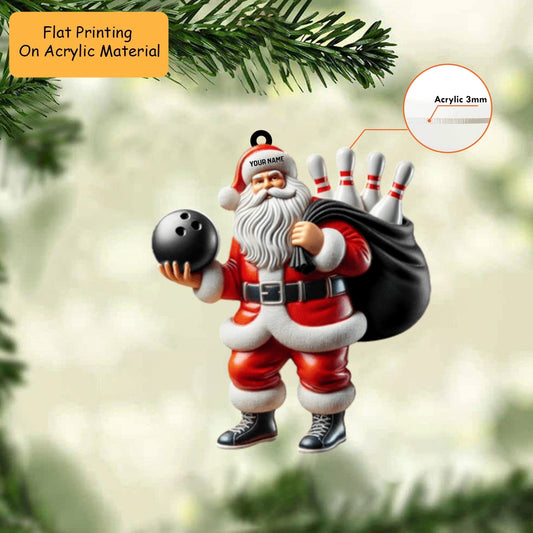 Personalized Bowling Santa Acrylic Ornament, Bowling Christmas Keychain, Car Ornament, Christmas Ornament Gifts