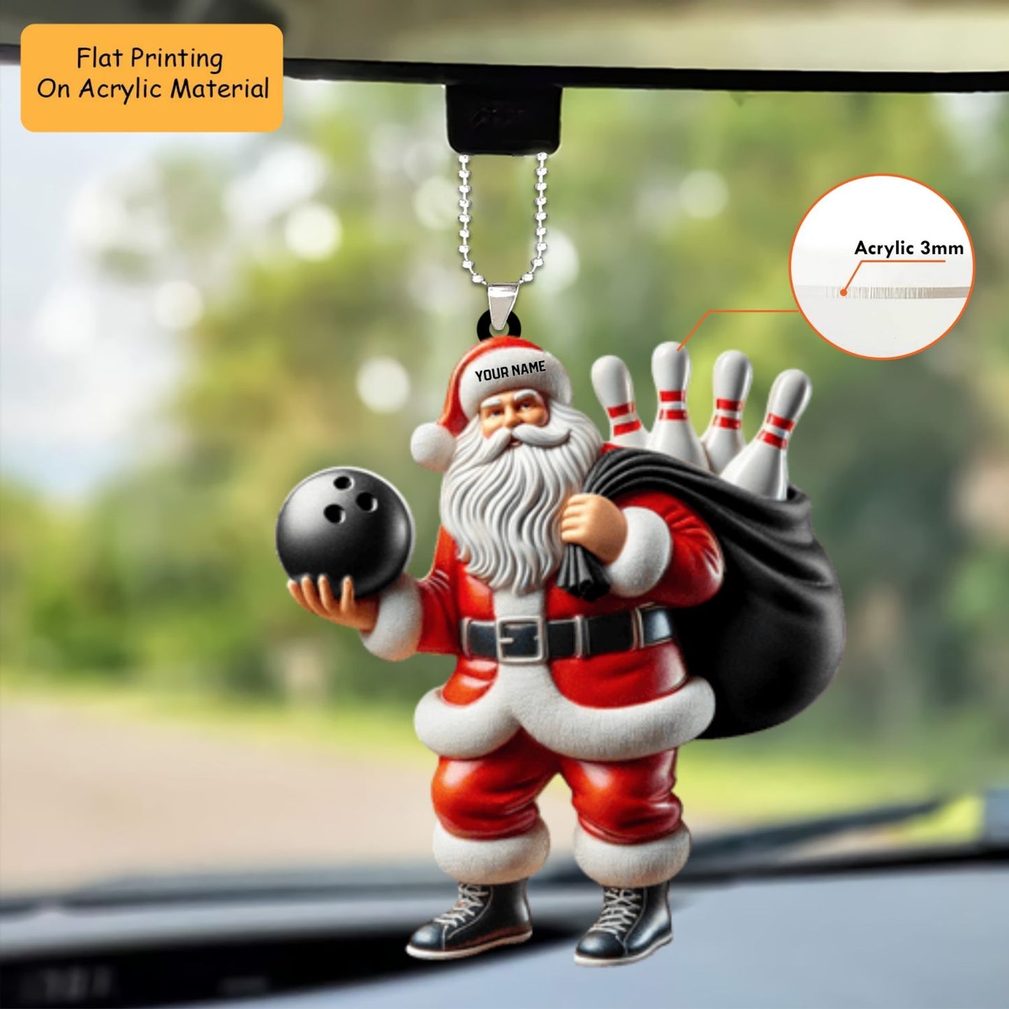 Personalized Bowling Santa Acrylic Ornament, Bowling Christmas Keychain, Car Ornament, Christmas Ornament Gifts
