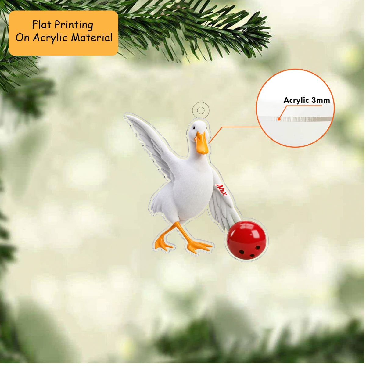Personalized Bowling Christmas Ornament, Funny White Duck Rolling Ball, Custom Ornament Christmas Gift, Keychain Bowling, Car Ornament Bowling