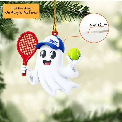 Personalized Tennis Christmas Ornament, Cute Ghost Holding Racket And Ball, Custom Ornament Christmas Gift, Keychain Tennis, Car Ornament Tennis