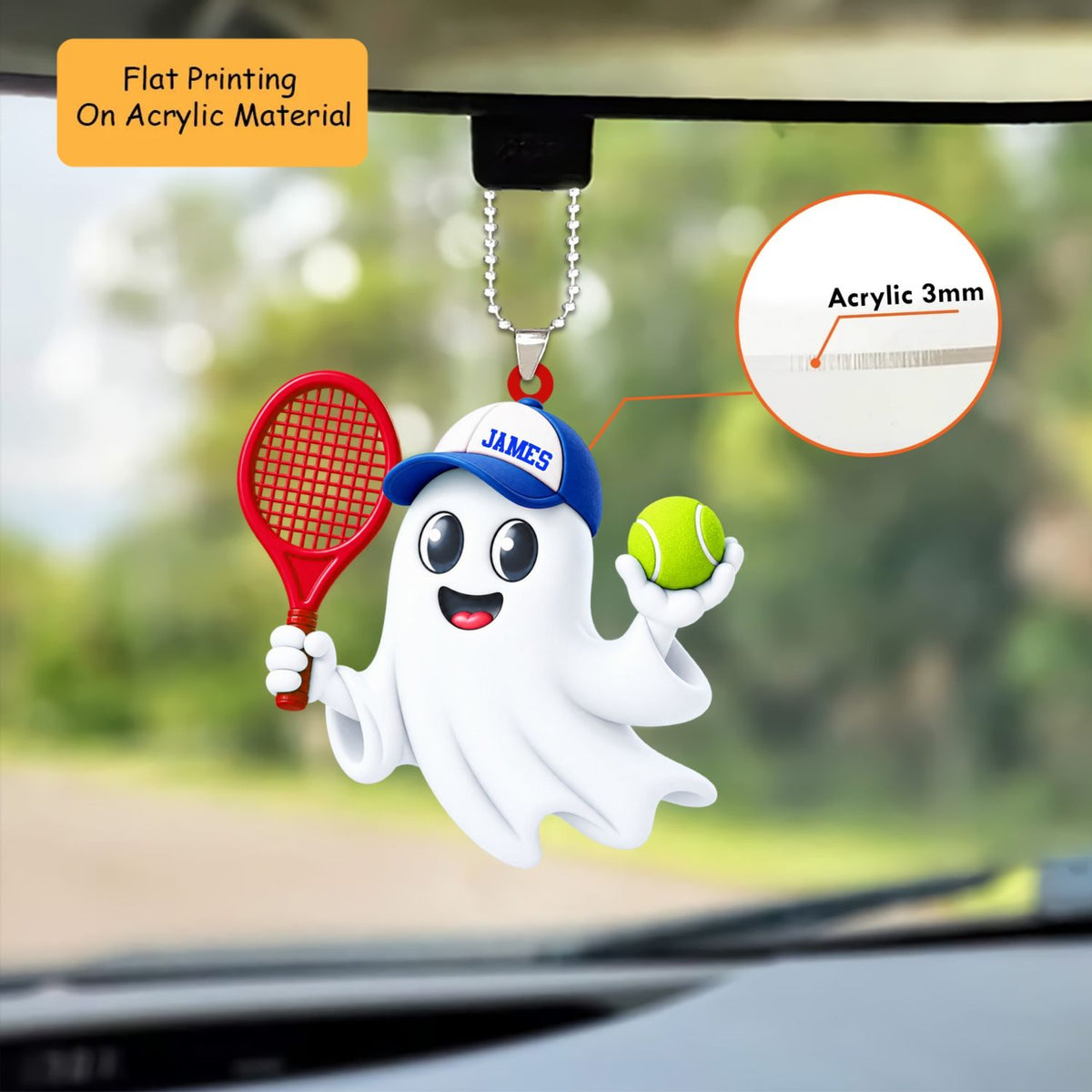 Personalized Tennis Christmas Ornament, Cute Ghost Holding Racket And Ball, Custom Ornament Christmas Gift, Keychain Tennis, Car Ornament Tennis