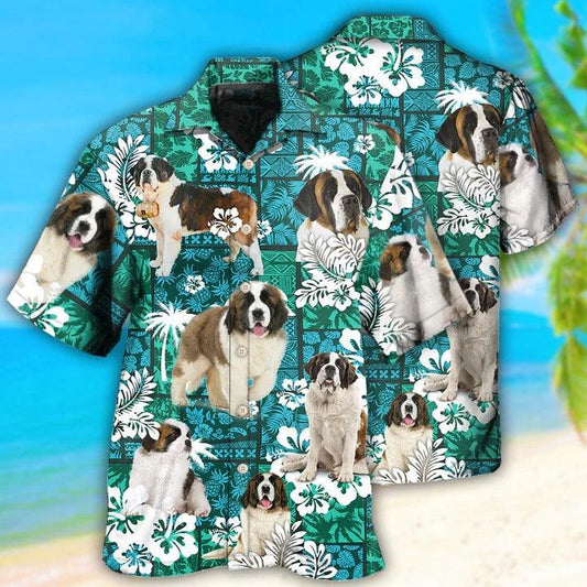 Saint Bernard Aloha Hawaii Shirt - Tropical Dog Green Lovely Hawaiian Shirt For Summer - Perfect Gift For Dog Lovers, Friend, Family - Amzanimalsgift