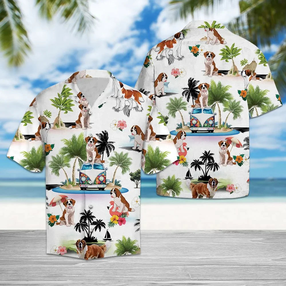 Saint Bernard Hawaiian Shirt, St. Bernard Hippie Palm Vacation Aloha Shirt For Men Women - Perfect Gift For Dog Lovers, Husband, Boyfriend, Wife - Amzanimalsgift