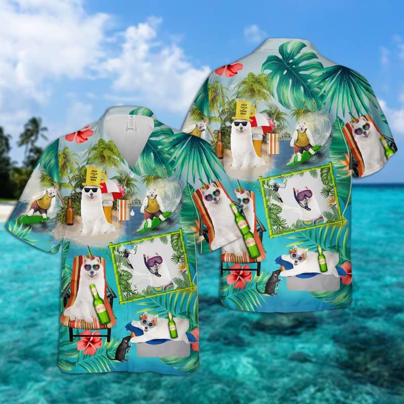 Samoyed Hawaiian Shirt, Samoyed Surfing On Beach Hawaiian Shirt For Men - Perfect Gift For Samoyed Lovers, Husband, Boyfriend, Friend, Family - Amzanimalsgift