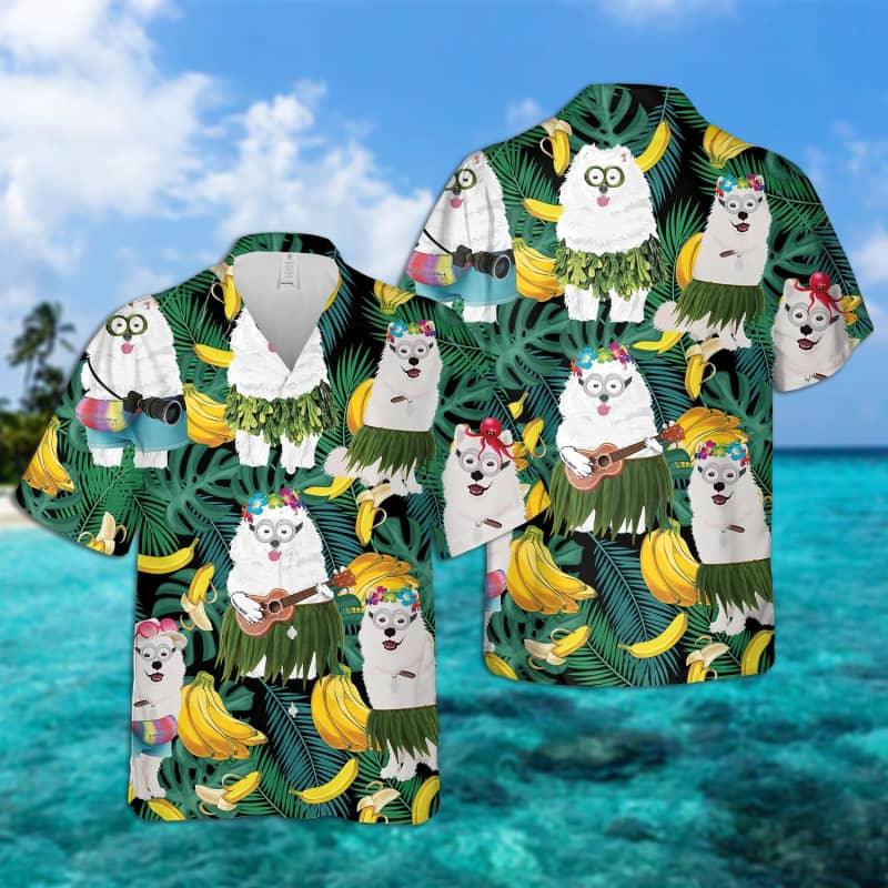 Samoyed Hawaiian Shirt, Tropical Leaves Hawaiian Shirt For Men - Perfect Gift For Samoyed Lovers, Husband, Boyfriend, Friend, Family - Amzanimalsgift