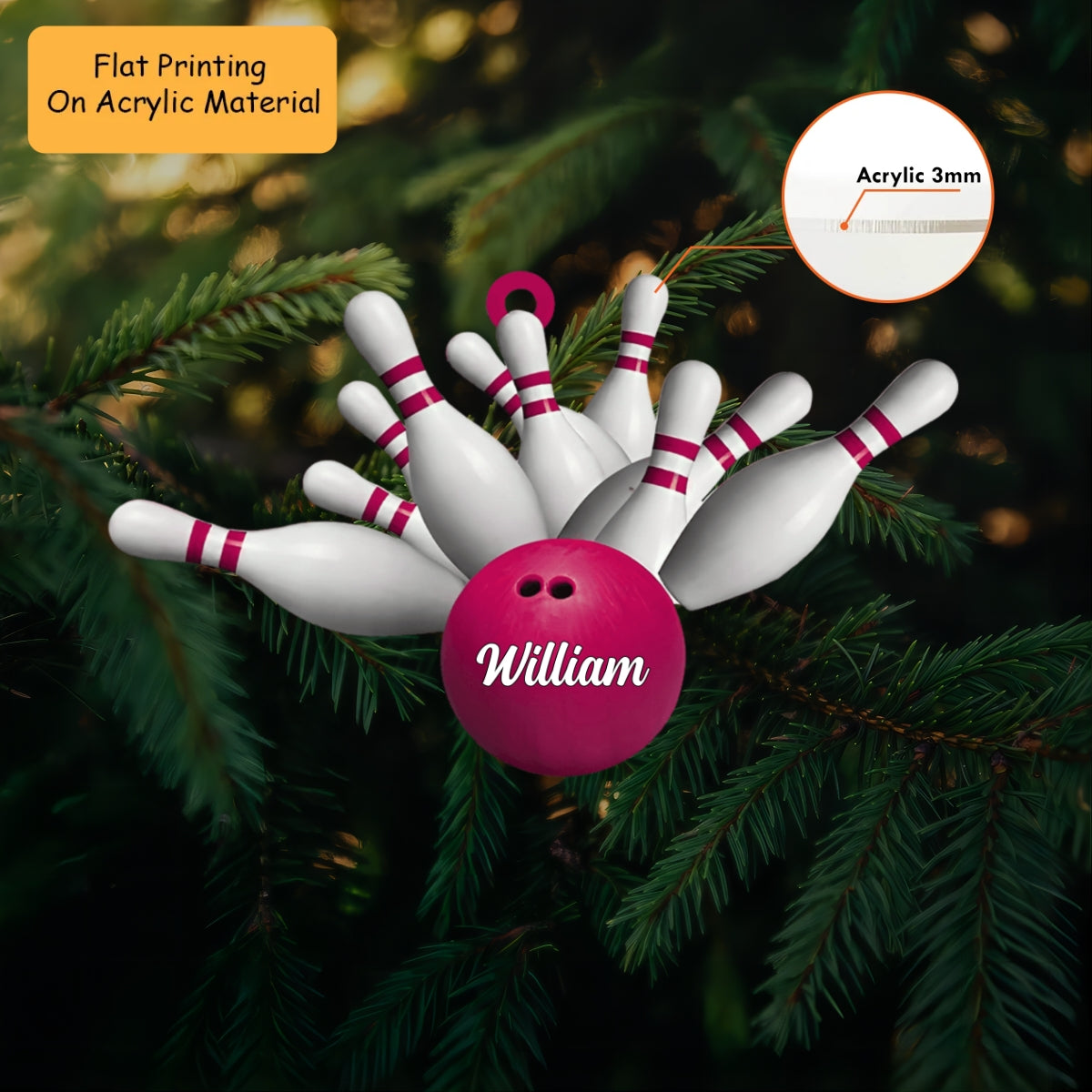 Personalized Bowling Ball Holding Pins Acrylic Ornament, Bowling Keychain, Car Ornament, Christmas Ornament Gifts