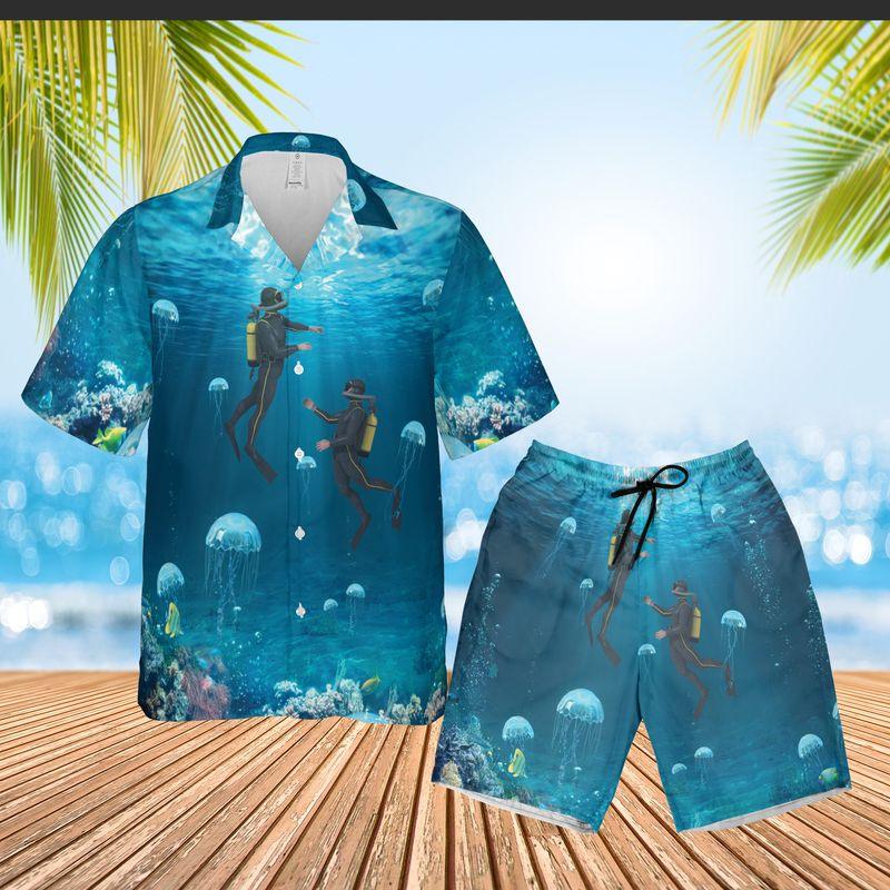 Scuba Diving Aloha Hawaiian Shirts For Summer - Diving Ocean Life Hawaiian Set Outfits For Men Women - Gift For Scuba Diving Lovers, Friend, Family - Amzanimalsgift