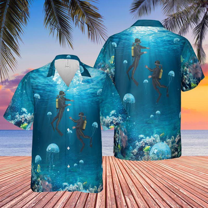 Scuba Diving Aloha Hawaiian Shirts For Summer - Diving Ocean Life Hawaiian Set Outfits For Men Women - Gift For Scuba Diving Lovers, Friend, Family - Amzanimalsgift