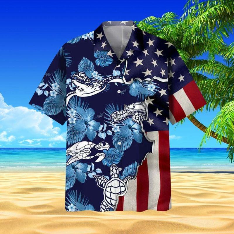 Sea Turtle Aloha Hawaiian Shirt - US Flag Tropical Flower Hawaiian Shirt, Sea Turtle Hawaiian Shirt For Men & Women, Sea Turtle Lover - Amzanimalsgift