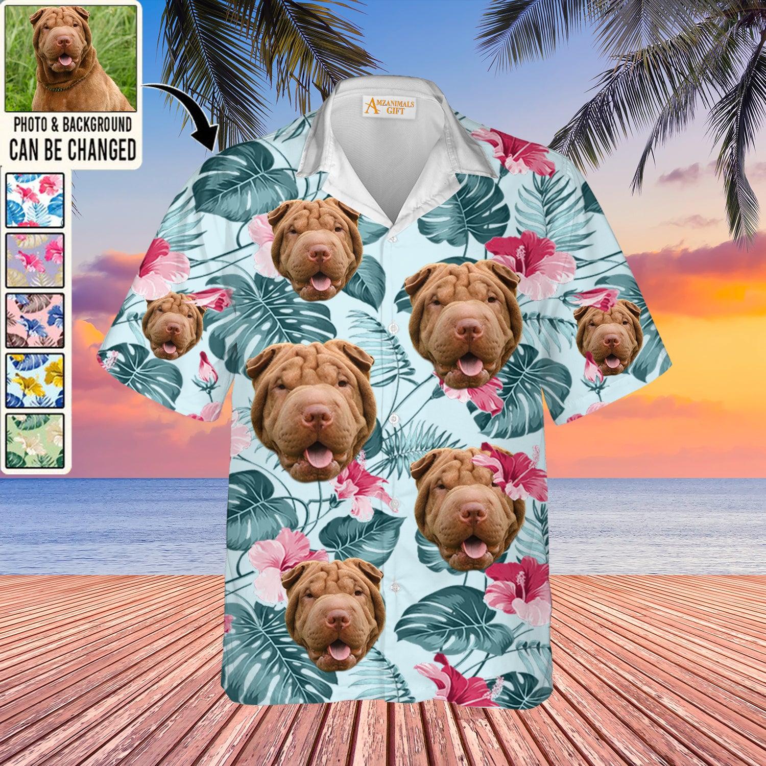 Shar Pei Face Custom Aloha Hawaii Shirt - Dog Custom Photo With Tropical Pattern Personalized Hawaiian Shirt - Perfect Gift For Dog Lovers, Friend, Family - Amzanimalsgift