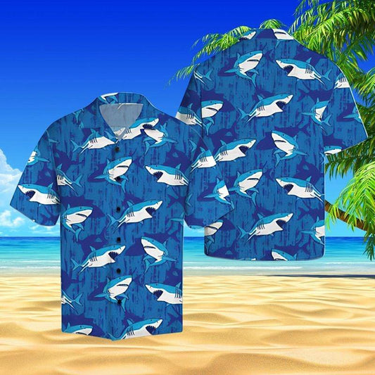 Shark Aloha Hawaiian Shirt - Creepy Shark Pattern Hawaiian Shirt, Blue Background Hawaiian Shirt For Men & Women, Shark Lover - Amzanimalsgift