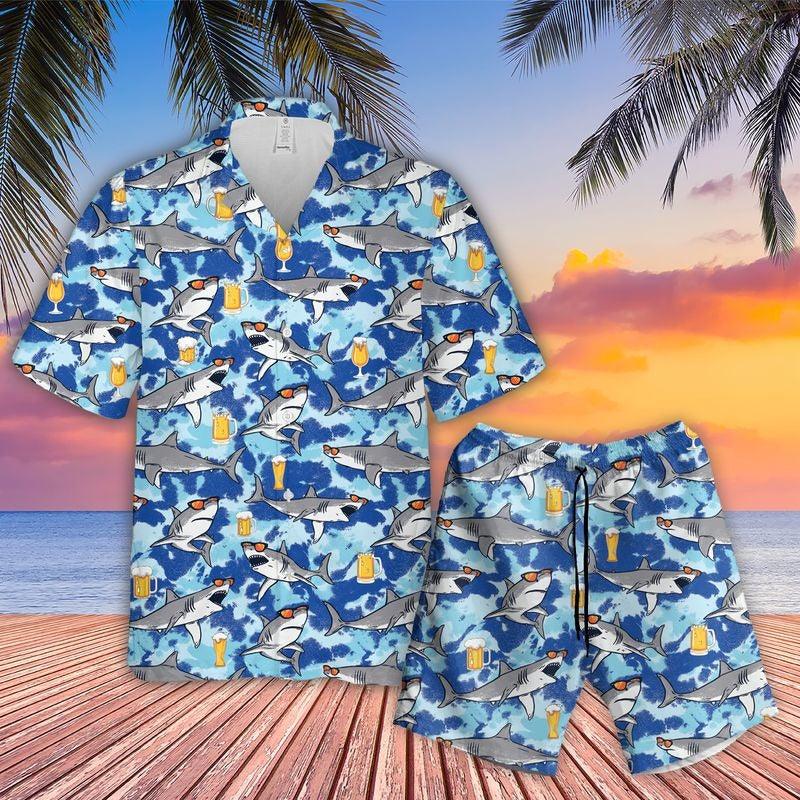 Shark Aloha Hawaiian Shirt - Funny Sharks Funny Hawaiian Shirt, Sharks And Beer Hawaiian Shirt For Men & Women, Shark Lover - Amzanimalsgift