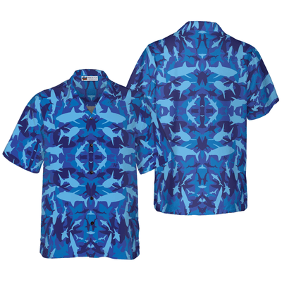 Shark Blue Camo Pattern Hawaiian Shirt, Tropical Summer Shark Blue Hawaiian Shirt For Men - Perfect Gift For Shark Lovers, Friend, Family - Amzanimalsgift