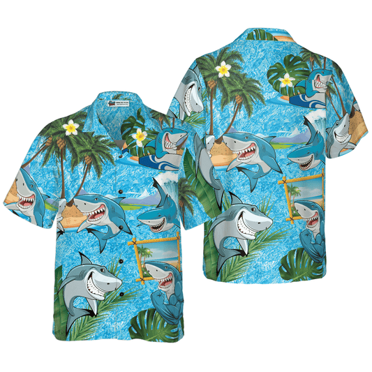 Shark Hawaiian Shirt, Blue Beach, Coconut Tree, Sharks On The Beach Aloha Shirt For Men - Perfect Gift For Husband, Boyfriend, Friend, Family - Amzanimalsgift
