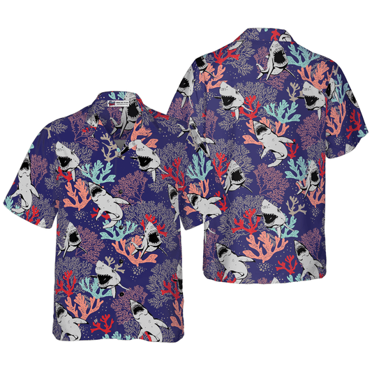 Shark Hawaiian Shirt, Blue Ocean, Coral, Sharks Aloha Shirt For Men - Perfect Gift For Husband, Boyfriend, Friend, Family - Amzanimalsgift