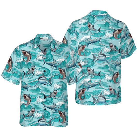 Shark Hawaiian Shirt, Blue Sea, Shark On Sea Waves Aloha Shirt For Men - Perfect Gift For Husband, Boyfriend, Friend, Family - Amzanimalsgift