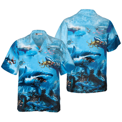 Shark Hawaiian Shirt, Dangerous Shark, Blue Sea Aloha Shirt For Men - Perfect Gift For Husband, Boyfriend, Friend, Family - Amzanimalsgift