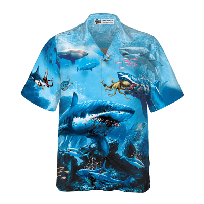 Shark Hawaiian Shirt, Dangerous Shark, Blue Sea Aloha Shirt For Men - Perfect Gift For Husband, Boyfriend, Friend, Family - Amzanimalsgift