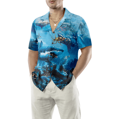 Shark Hawaiian Shirt, Dangerous Shark, Blue Sea Aloha Shirt For Men - Perfect Gift For Husband, Boyfriend, Friend, Family - Amzanimalsgift