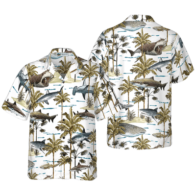 Shark Hawaiian Shirt, Tropical Palm Tree Aloha Shirt For Men - Perfect Gift For Shark Lovers, Husband, Boyfriend, Friend, Family - Amzanimalsgift