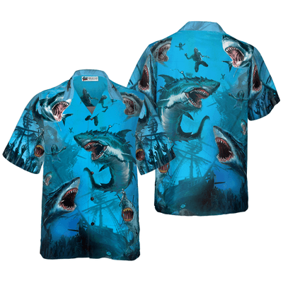 Shark Under The Sea Hawaiian Shirt, Shark Aloha Shirt For Men - Perfect Gift For Shark Lovers, Husband, Boyfriend, Friend, Family - Amzanimalsgift