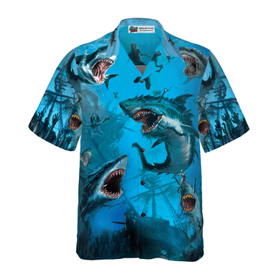 Shark Under The Sea Hawaiian Shirt, Shark Aloha Shirt For Men - Perfect Gift For Shark Lovers, Husband, Boyfriend, Friend, Family - Amzanimalsgift