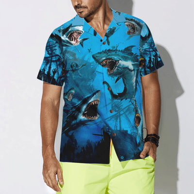 Shark Under The Sea Hawaiian Shirt, Shark Aloha Shirt For Men - Perfect Gift For Shark Lovers, Husband, Boyfriend, Friend, Family - Amzanimalsgift