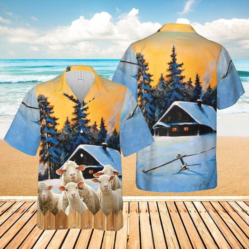 Sheep Cattle Aloha Hawaiian Shirt - Funny Sheep Winter Farmhouse Hawaiian Shirt, Farmhouse Forest Hawaiian Shirt For Men & Women, Sheep Lover - Amzanimalsgift