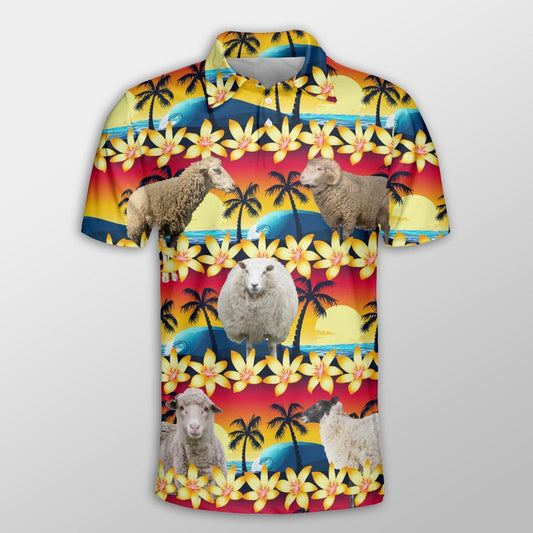 Sheep Men Polo Shirts For Summer - Sheep Beach Sunset Pattern Shirts For Men - Perfect Gift For Sheep Lovers, Cattle Lovers - Amzanimalsgift