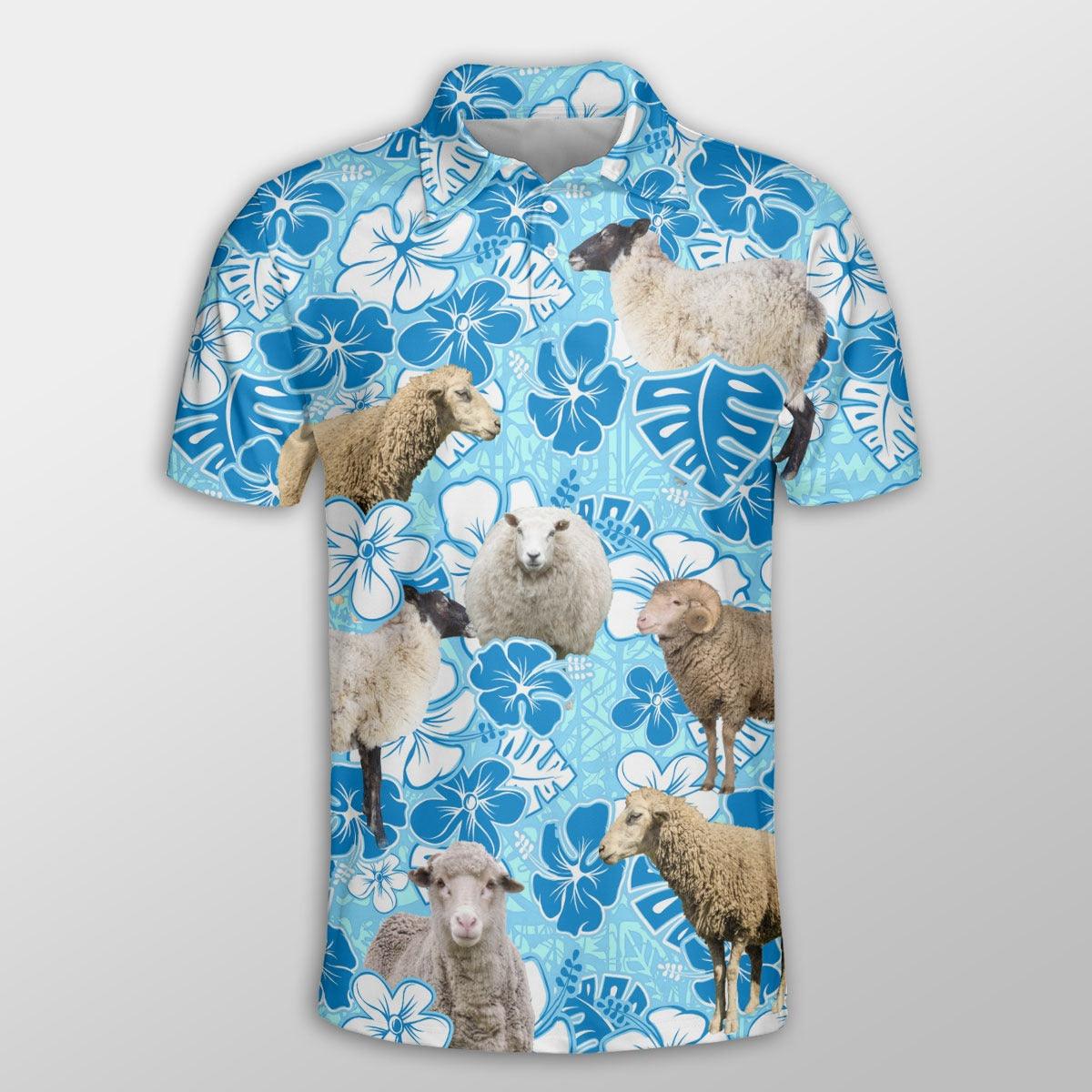 Sheep Men Polo Shirts For Summer - Sheep Blue Floral Pattern Button Shirts For Men - Perfect Gift For Sheep Lovers, Cattle Lovers - Amzanimalsgift