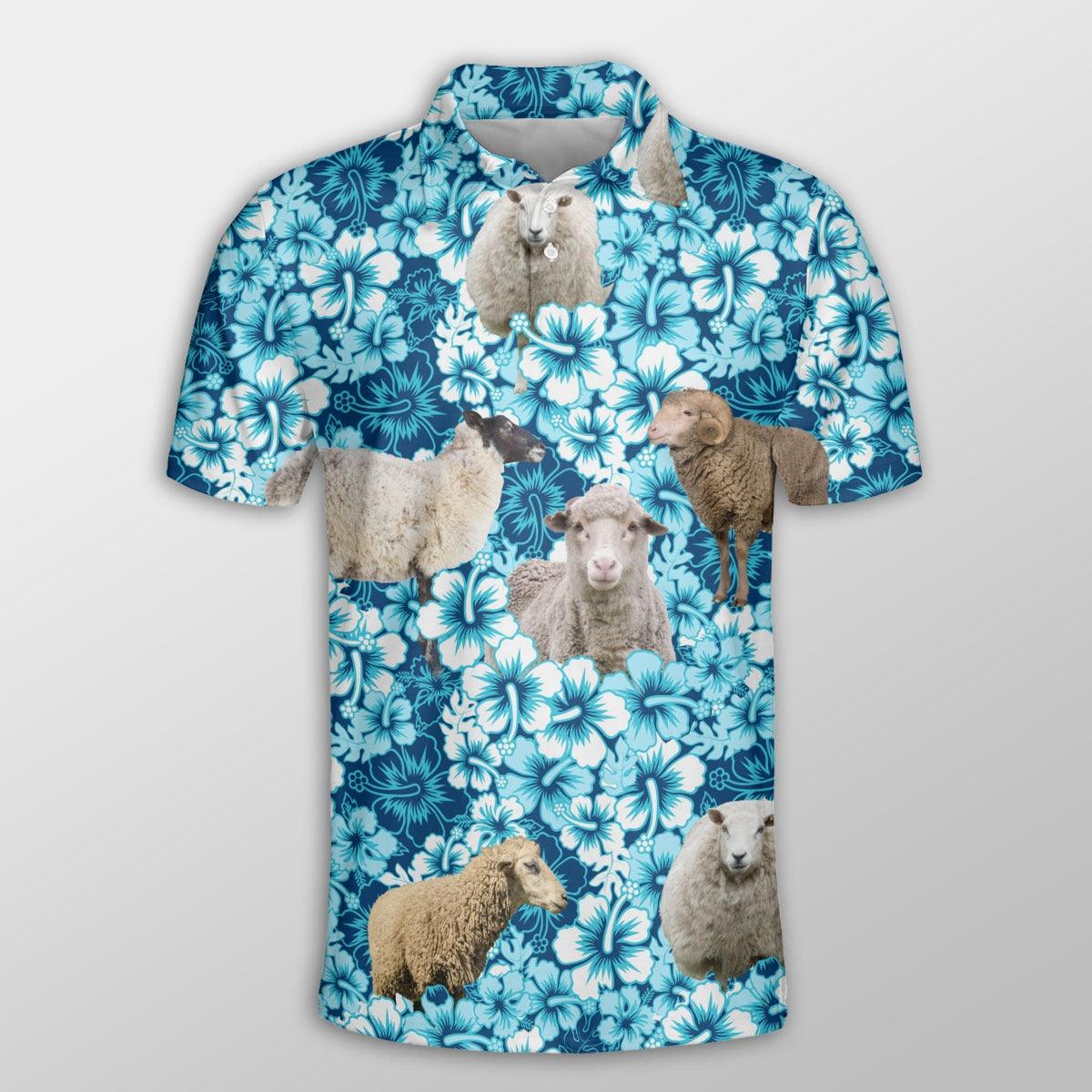 Sheep Men Polo Shirts For Summer - Sheep Blue Hibiscus Pattern Button Shirts For Men - Perfect Gift For Sheep Lovers, Cattle Lovers - Amzanimalsgift