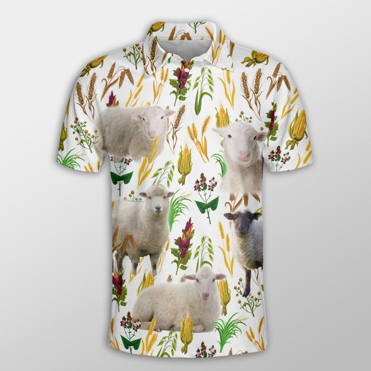 Sheep Men Polo Shirts For Summer - Sheep Farm Wheat Pattern Button Shirts For Men - Perfect Gift For Sheep Lovers, Cattle Lovers - Amzanimalsgift
