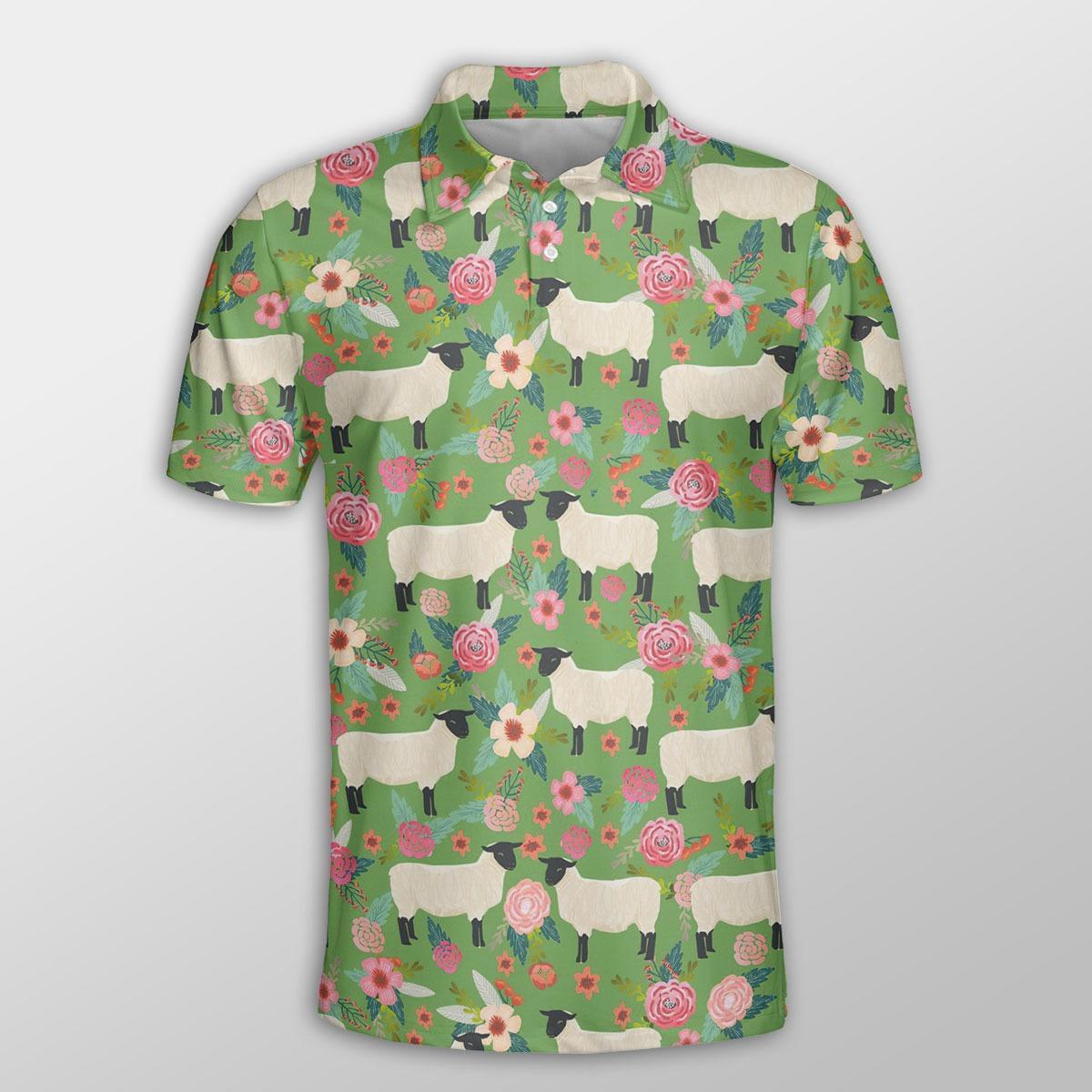 Sheep Men Polo Shirts For Summer - Sheep Floral Green Pattern Shirts For Men - Perfect Gift For Sheep Lovers, Cattle Lovers - Amzanimalsgift