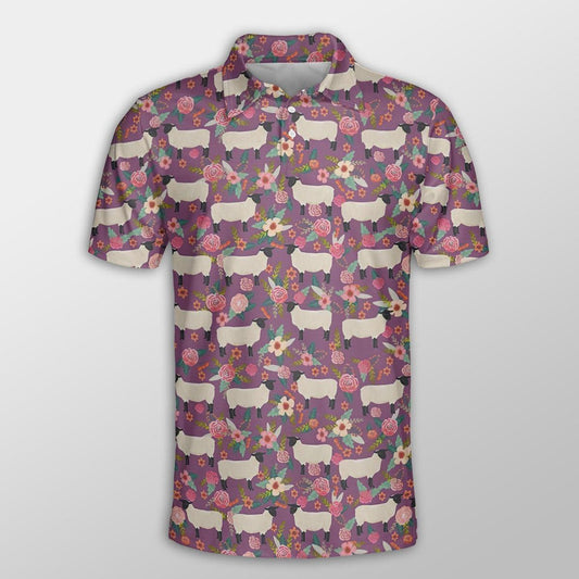 Sheep Men Polo Shirts For Summer - Sheep Floral Purple Pattern Shirts For Men - Perfect Gift For Sheep Lovers, Cattle Lovers - Amzanimalsgift