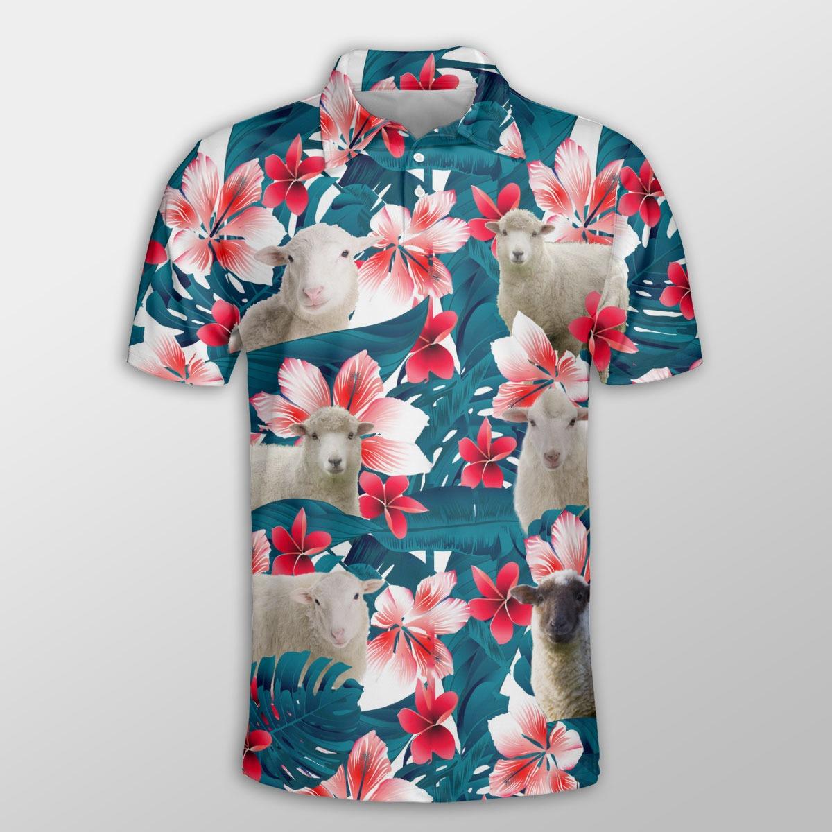 Sheep Men Polo Shirts For Summer - Sheep Tropical Floral Pattern Farm Lovers Shirts For Men - Perfect Gift For Sheep Lovers, Cattle Lovers - Amzanimalsgift