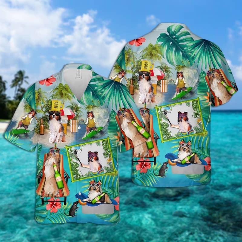 Shetland Sheepdog Hawaiian Shir, Dog Surfing Hawaiian Shirt For Men - Perfect Gift For Shetland Sheepdog Lovers, Husband, Boyfriend, Friend, Family - Amzanimalsgift