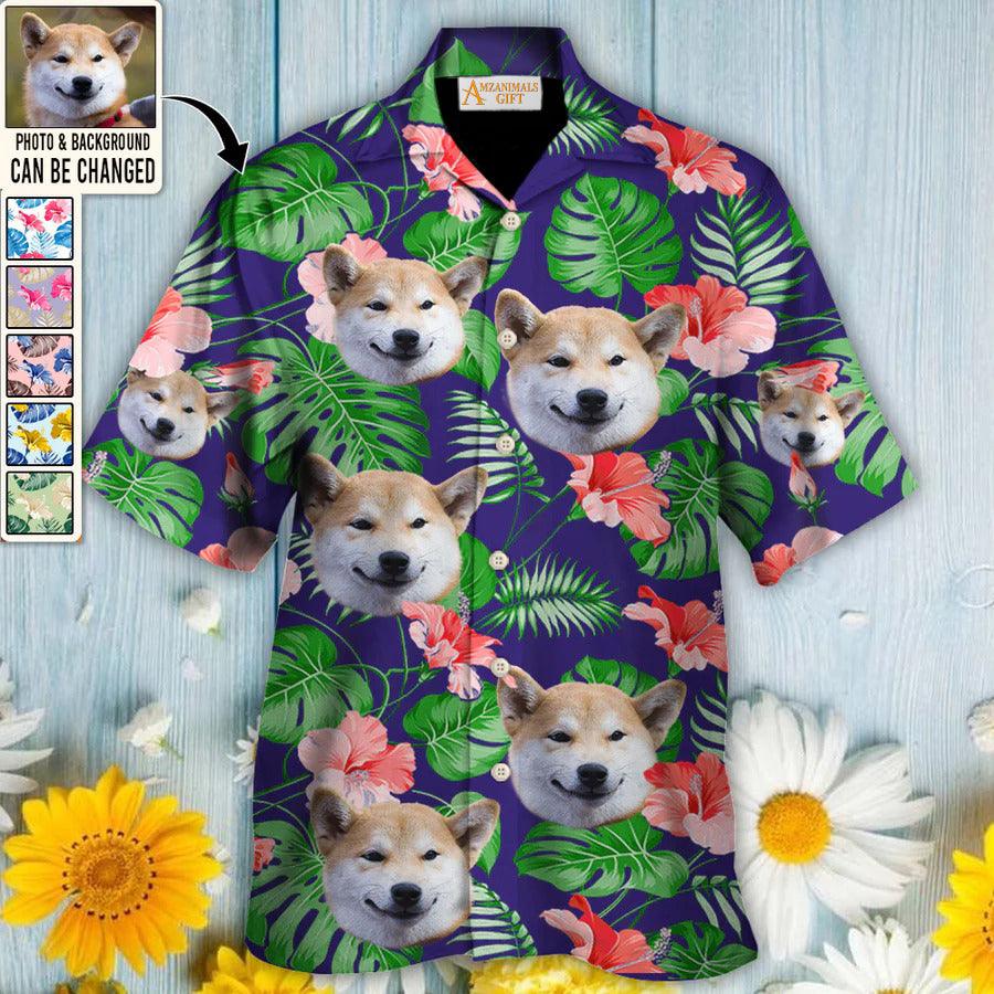 Shiba Inu Face Custom Aloha Hawaii Shirt - Dog Custom Photo With Tropical Pattern Personalized Hawaiian Shirt - Perfect Gift For Dog Lovers, Friend, Family - Amzanimalsgift
